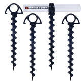 Orange Screw Ultimate anchors in packaging; durable, eco-friendly stakes for camping.