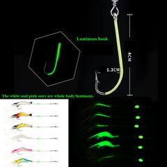 Six colorful silicone shrimp lures laid out