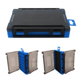 OriGlam double-sided fishing tackle box in blue, left side storage