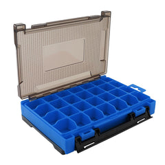 Blue fishing lure case with adjustable compartments and dividers