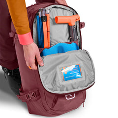 Ortovox Haute Route 30L S diagonal ski attachment demonstrates secure gear carry