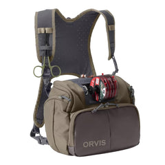 Orvis chest fly-fishing pack front view showing quick-access organization for flies.
