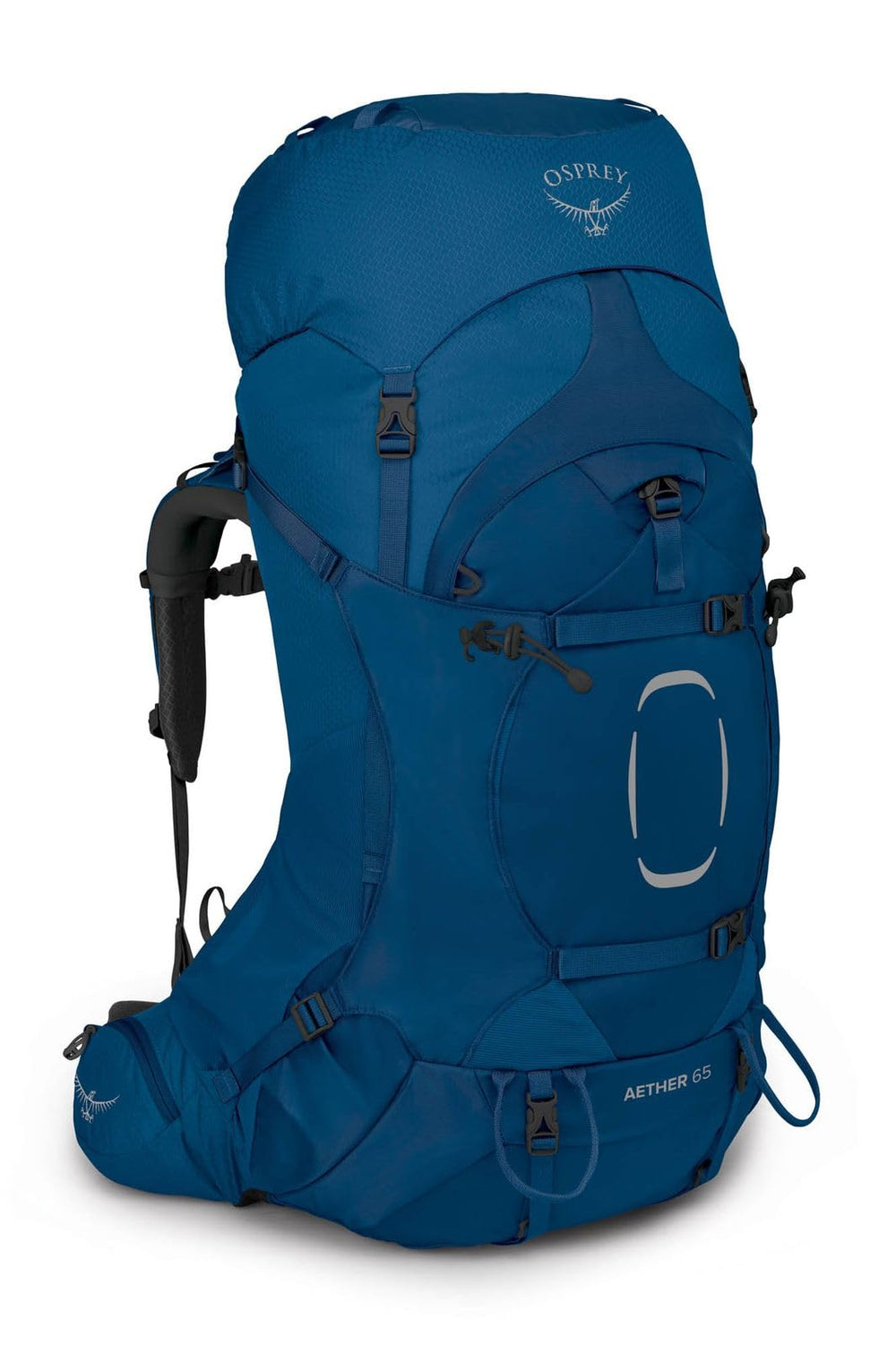 Osprey Aether 65L front view in deep water blue with adjustable fit for personalized comfort.