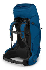 Osprey Aether 65L hipbelt detail in deep water blue showing extended fit and load balance.