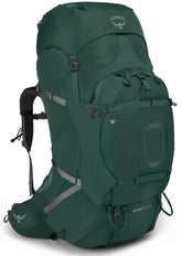 Osprey Aether Plus 100L Axo Green, front view for balanced load on rugged treks
