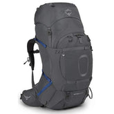 Osprey Aether Plus 70L backpack front view highlighting rugged support for heavy loads.