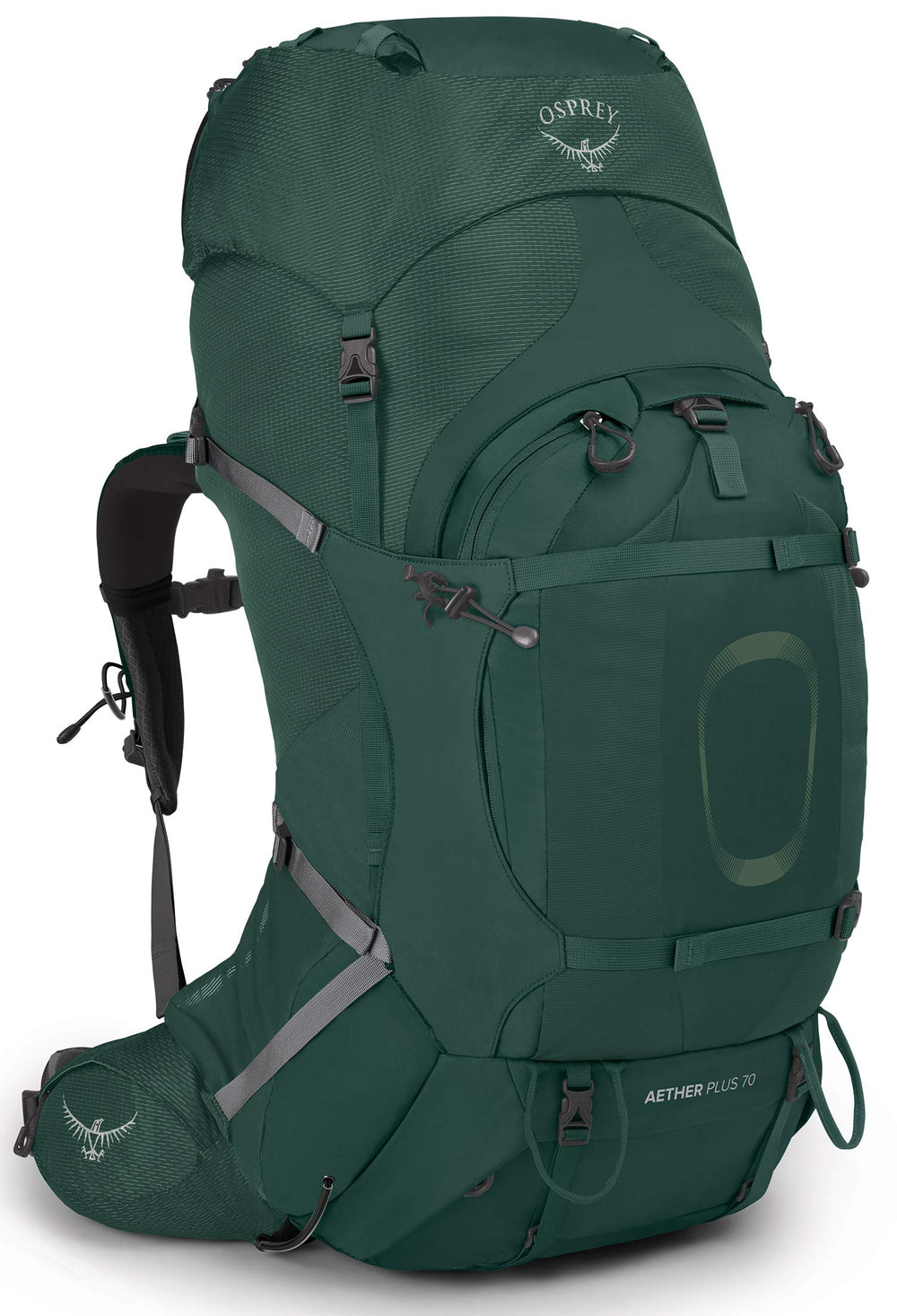 Osprey Aether Plus 70L backpack on trail with stable carry for heavy loads.