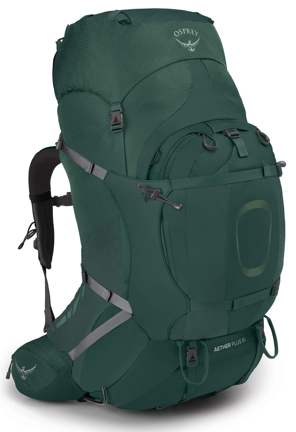 Osprey Aether Plus 85L backpack on trail showing balanced carry for heavy loads.