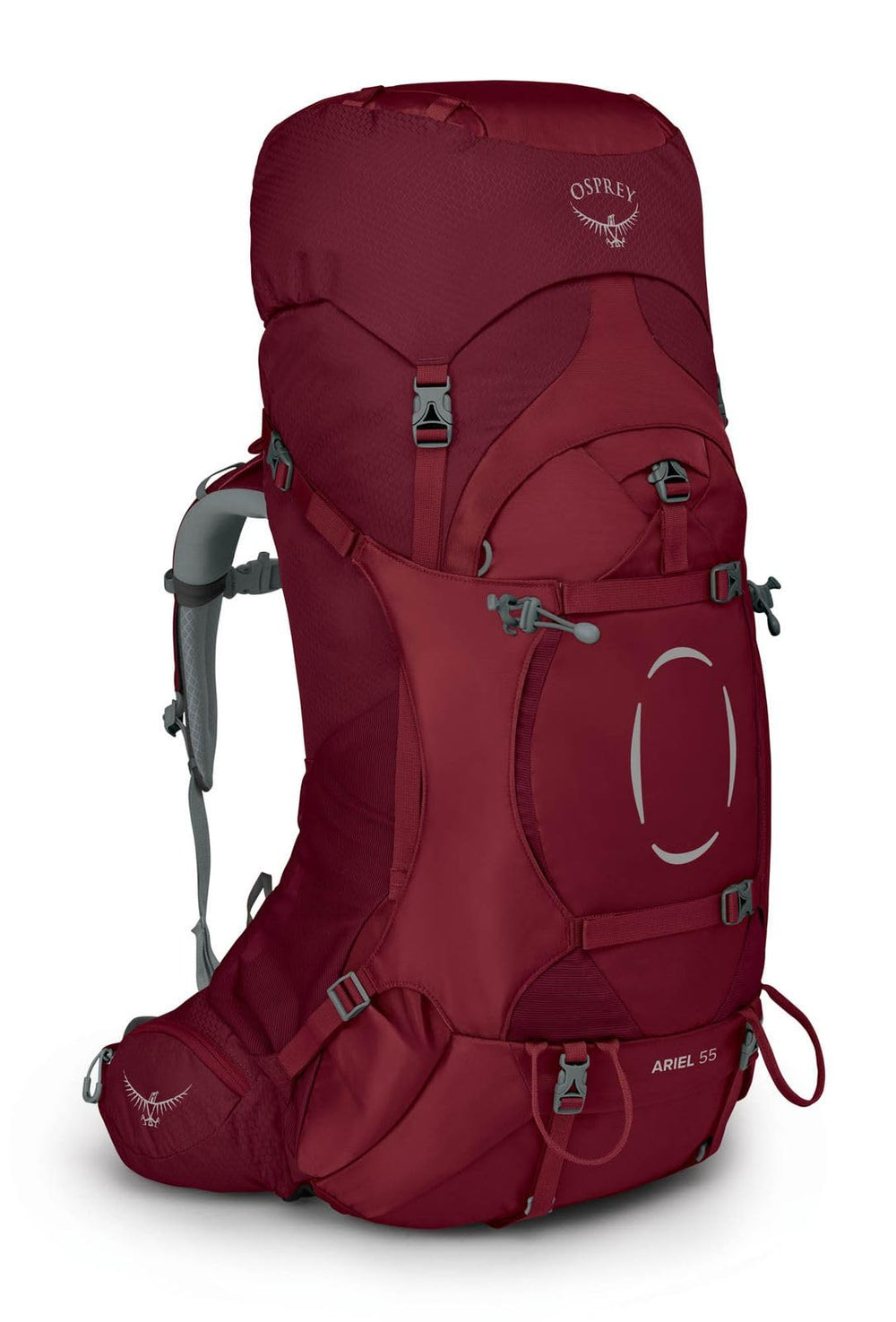 Osprey Ariel 55L women's backpack front view showing balanced fit on the trail