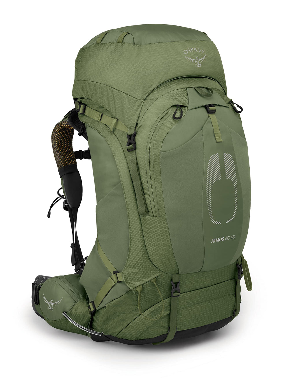 Osprey Atmos AG 65L Mythical Green front view with ventilated suspension