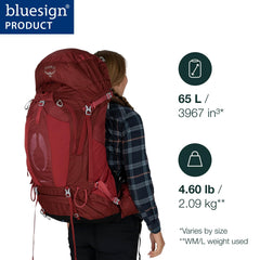 Osprey Aura AG 65 women's-fit harness provides secure, comfortable carry.