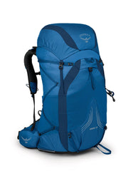 Osprey Exos 58L backpack angled view highlighting lightweight design for thru-hikes.