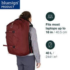 Osprey Fairview 40L laptop sleeve 16in emphasizes quick access and device protection.