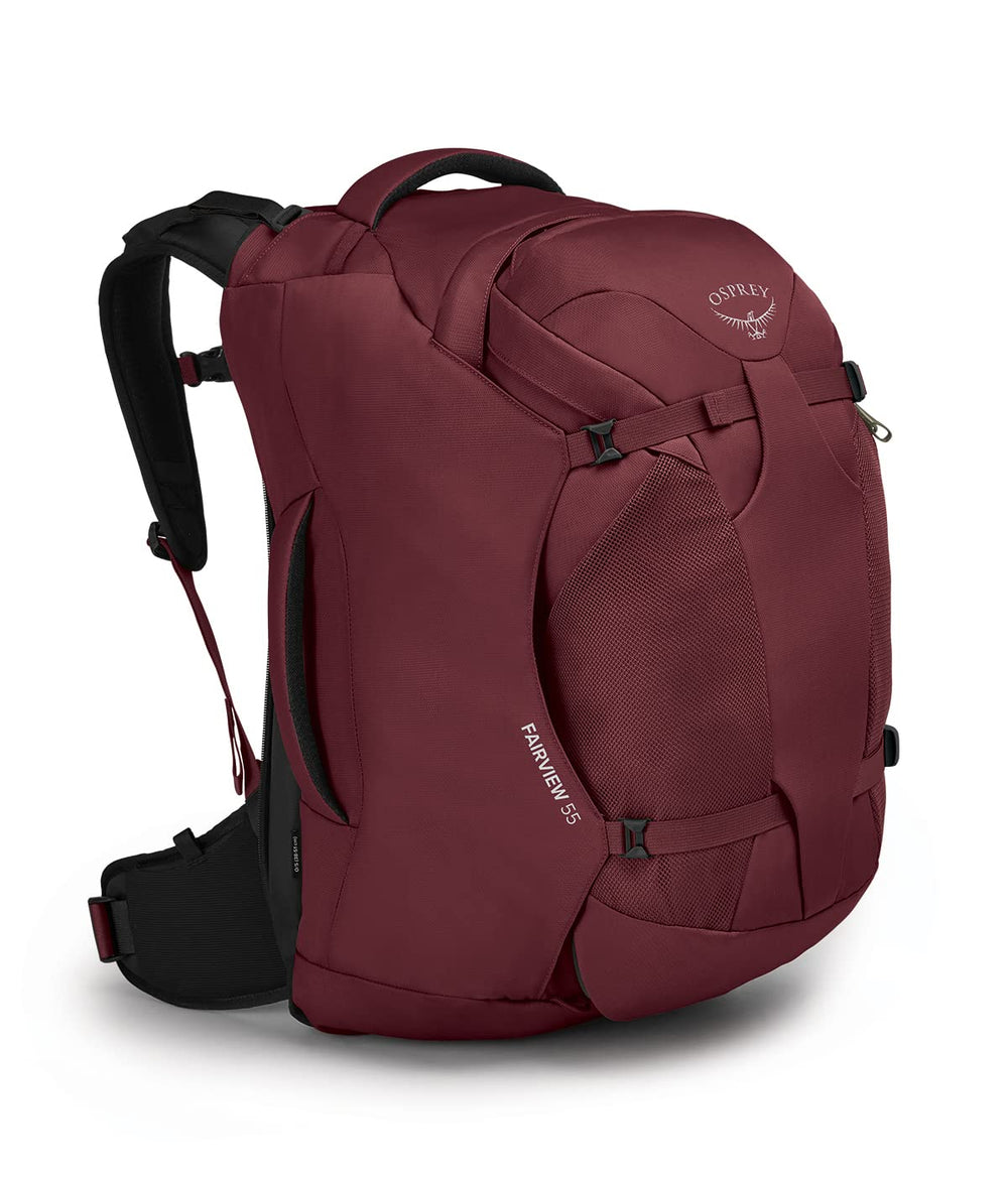 Osprey Fairview 55L front view shows travel-ready silhouette and durable build for long trips