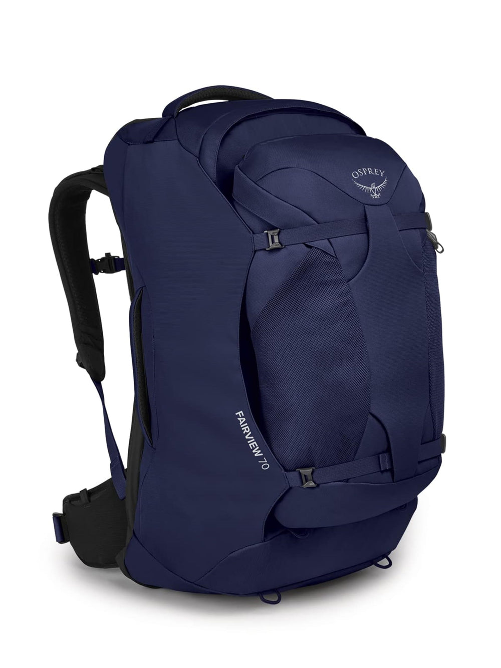 Osprey Fairview 70L front view in Winter Night Blue, durable travel-ready design for extended trips.