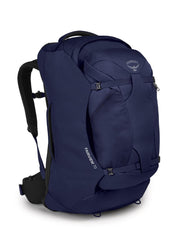 Osprey Fairview 70L front view in Winter Night Blue, durable travel-ready design for extended trips.