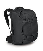 Osprey Farpoint 55L backpack closed, ready for carry-on travel and durable daily use.