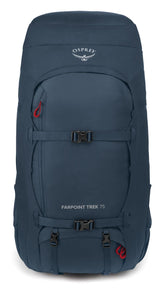 Osprey Farpoint Trek 75L front view demonstrates a sturdy frame for extended journeys.