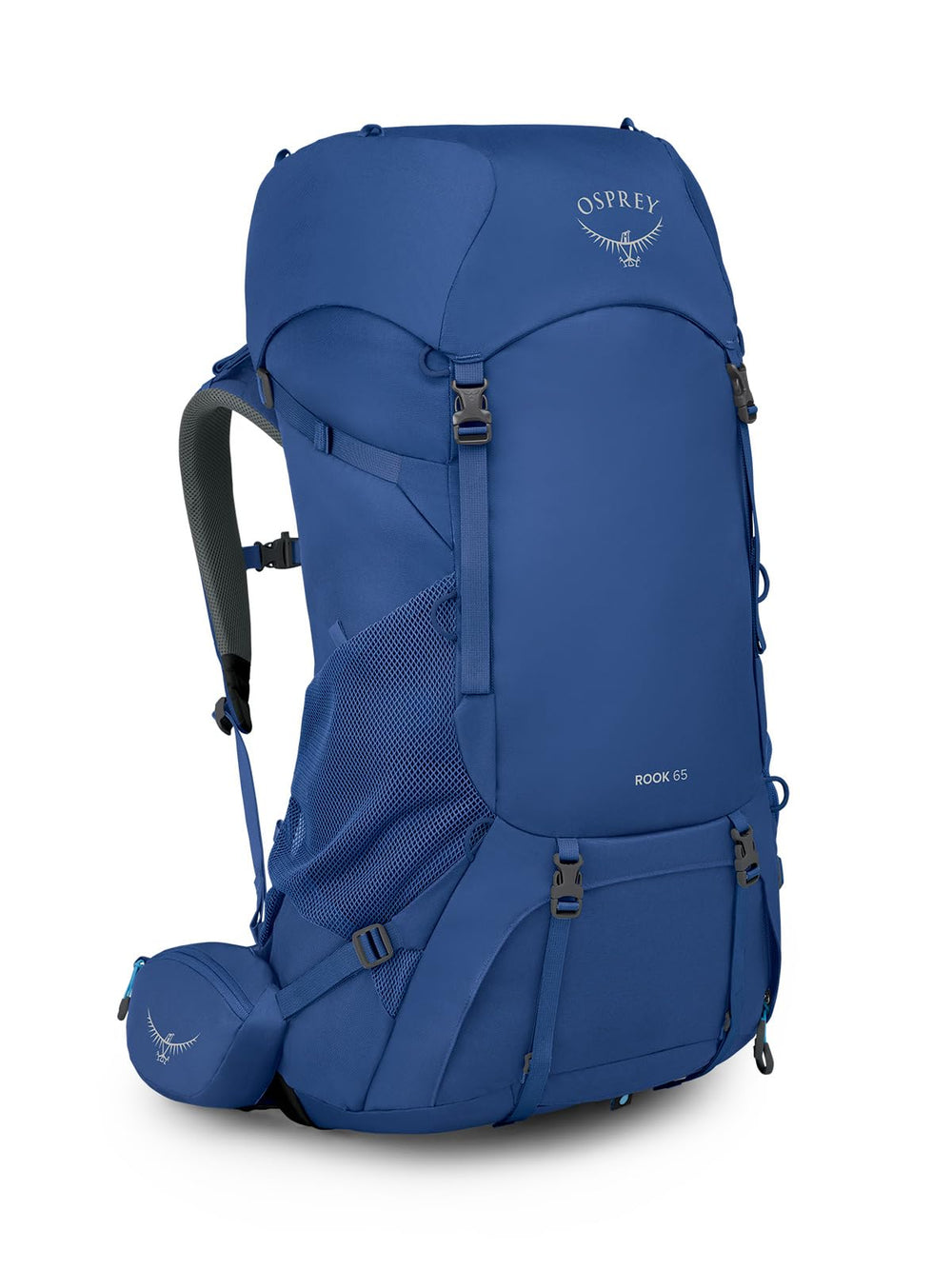 Osprey Rook 65L on trail in astology blue for multi-day treks