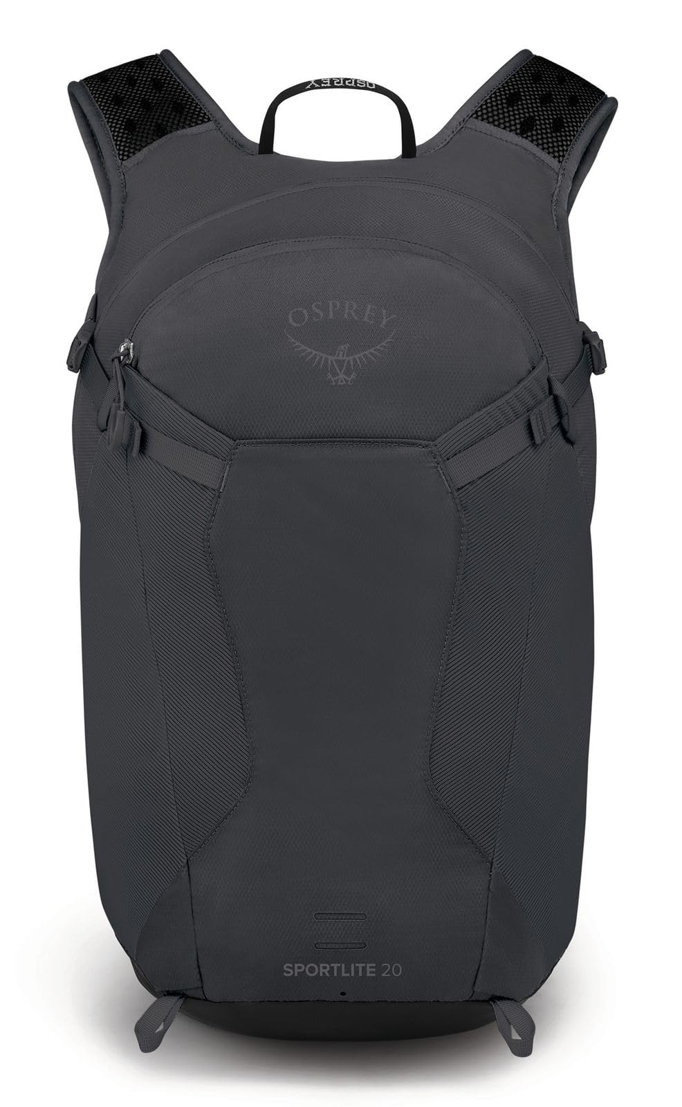 Osprey Sportlite 20L front view with quick-release straps for on-trail adjustments.