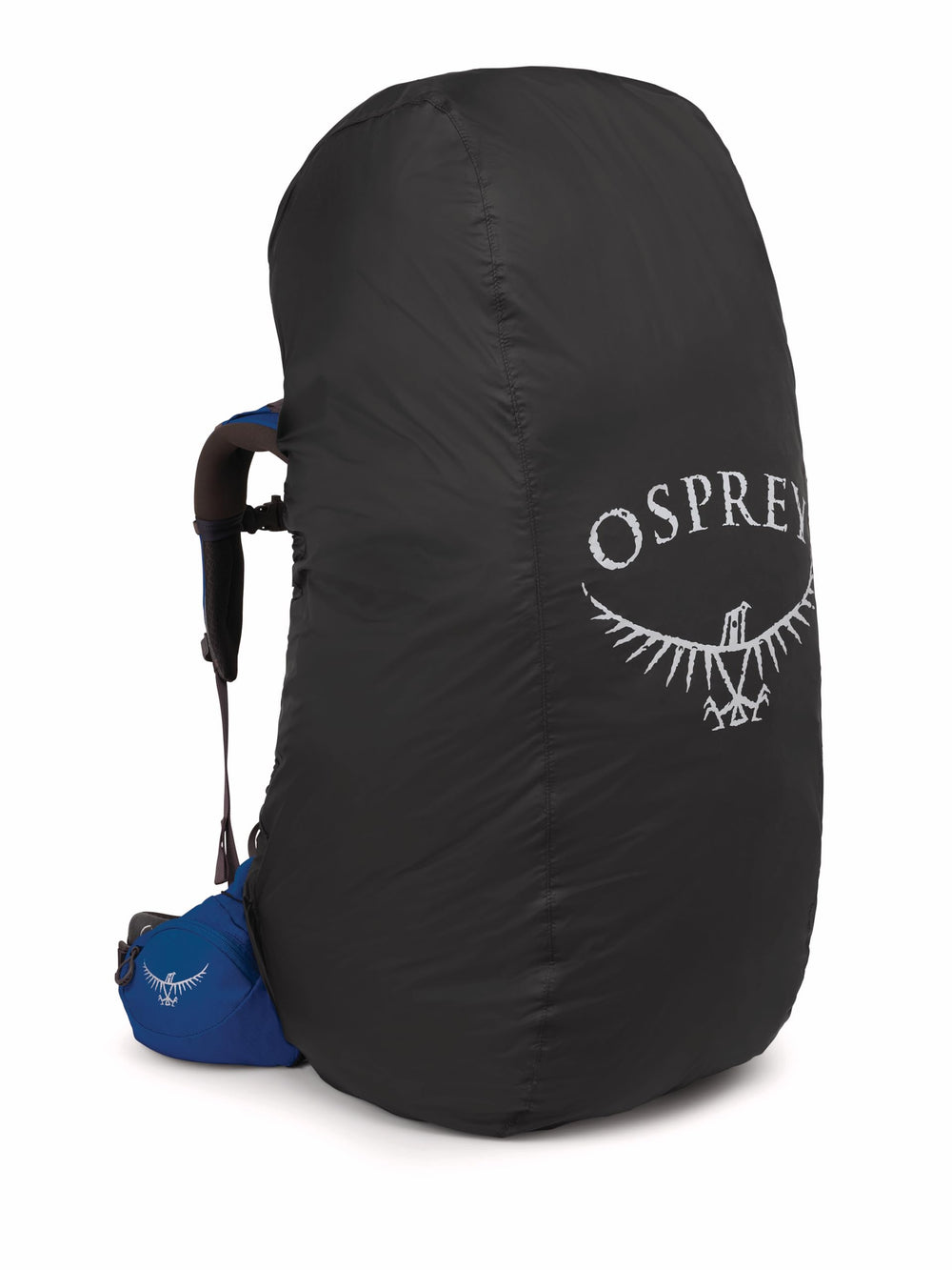 Osprey ultralight raincover fitted on a black backpack protects gear in rain