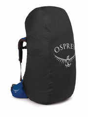 Osprey ultralight raincover fitted on a black backpack protects gear in rain
