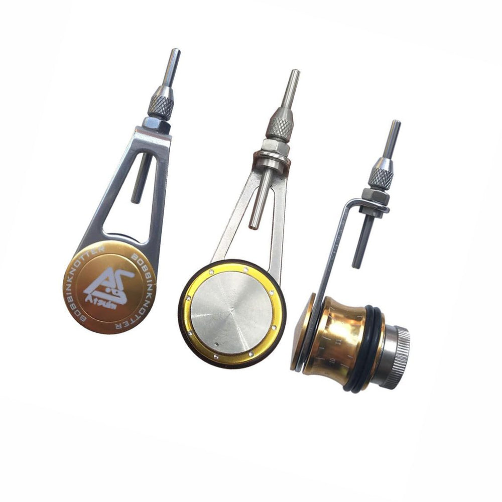 Otominat fishing bobbin knotter in gold showing GT/PR/FG devices