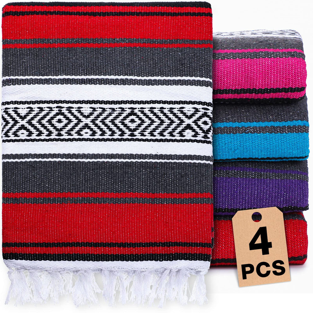 Oudain 4pc Mexican blankets pack shot shows vibrant serape colors for versatile home and travel use.
