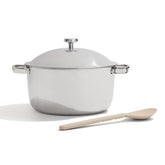 Our Place Titanium Perfect Pot Pro 6.75 qt front view with lid shows durable tri-ply construction.
