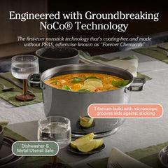 Our Place Titanium Perfect Pot Pro side view highlights cool-touch stainless steel handle.