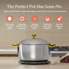 Lid resting on Our Place Titanium Perfect Pot Pro highlights secure fit and heat retention.