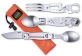 Outdoor Edge ChowPal folding knife and spoon in stainless steel for compact camping meals.