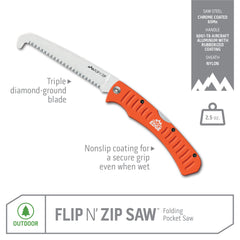 Outdoor Edge Flip N Zip Saw aluminum handle with orange grip for secure grip