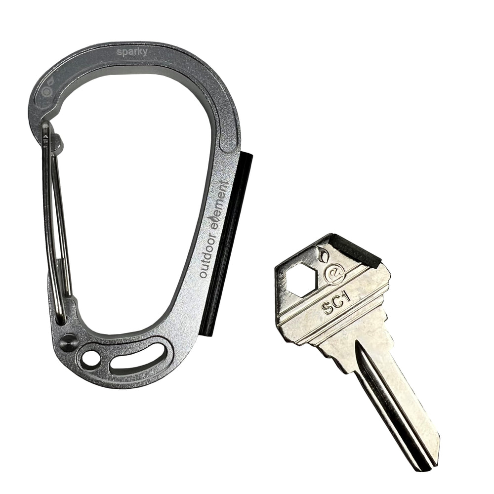 Outdoor Element Sparky & Scratch Key fire-starting carabiner with bottle opener