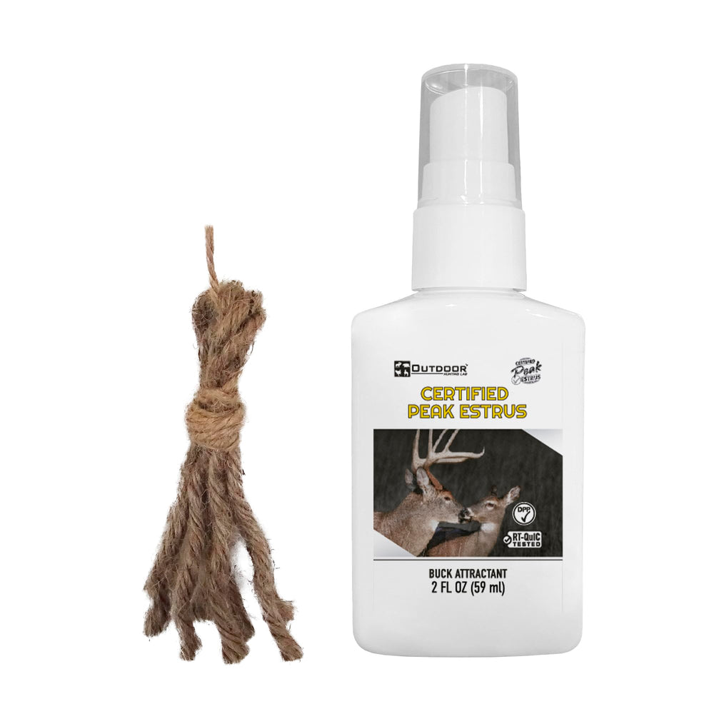 Outdoor Hunting Lab Certified Peak Estrus 2oz bottle for field use to attract bucks.