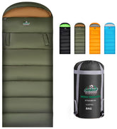 Outdoor On-Green sleeping bag in packed compression sack for easy backpacking.