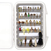 Outdoor Planet 36-piece fly box open with dries, wets, and nymphs for versatile trout fishing.