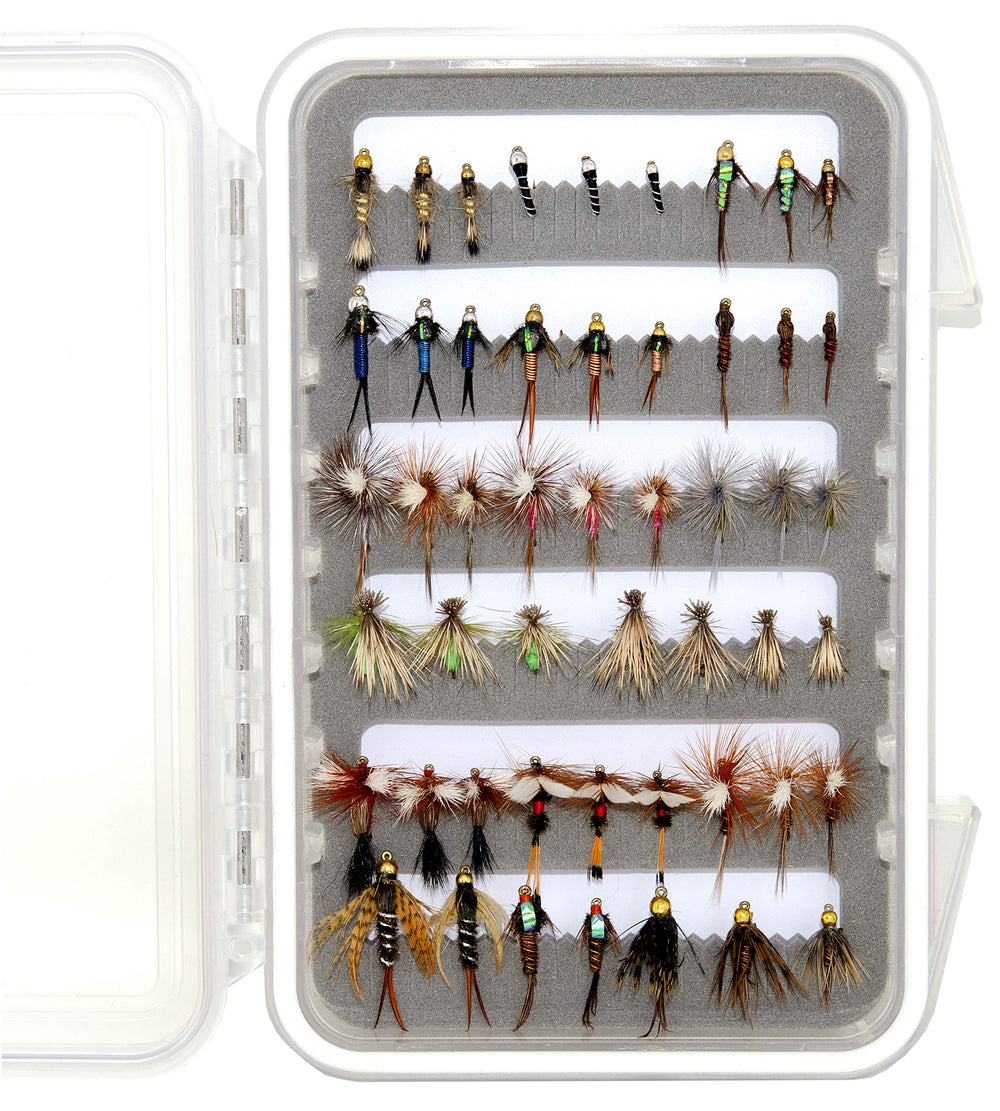 Outdoor Planet 50-fly assortment in a waterproof box for trout, steelhead, and stillwater fishing
