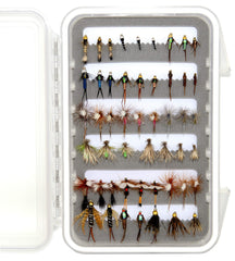 Outdoor Planet 50-fly assortment in a waterproof box for trout, steelhead, and stillwater fishing