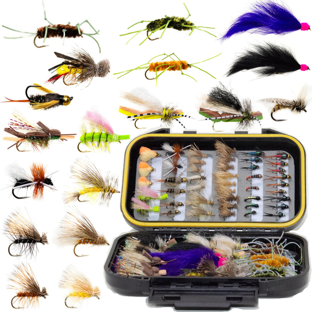 Outdoor Planet 66 premium fly assortment with 25 patterns for trout and bass.