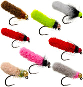Outdoor Planet tungsten beadhead mop flies assortment for trout on a tackle tray