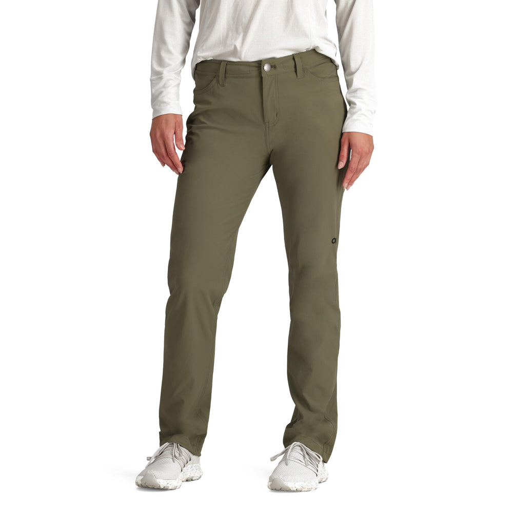 Outdoor Research Ferrosi Pants front view in Ranger Green, highlighting flexible stretch for hiking.
