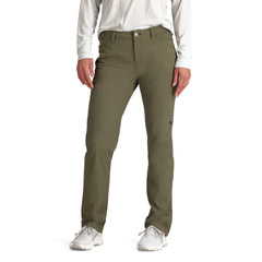 Outdoor Research Ferrosi Pants front view in Ranger Green, highlighting flexible stretch for hiking.