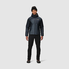 Outdoor Research Helium Down Hoodie Atlantic chest pocket close-up shows quick-access essentials