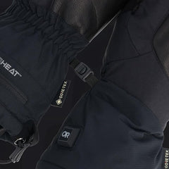 Outdoor Research Prevail heated mitts cinched wrist detail for secure cold-weather fit.