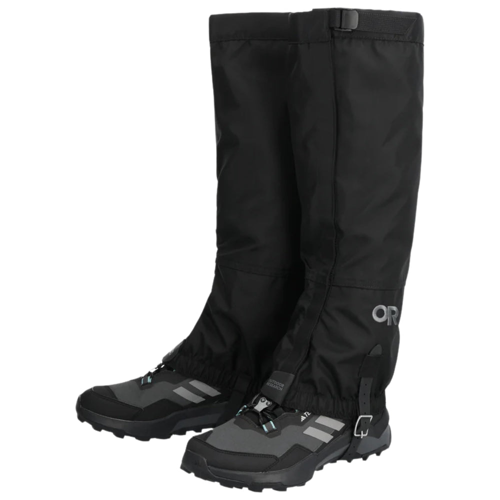 Outdoor Research Rocky Mountain High gaiters, front view, protect feet from mud and water.