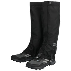 Outdoor Research Rocky Mountain High gaiters, front view, protect feet from mud and water.