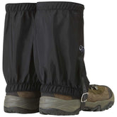 Outdoor Research Rocky Mountain Low Gaiters front closure close-up for secure fit on rugged trails.