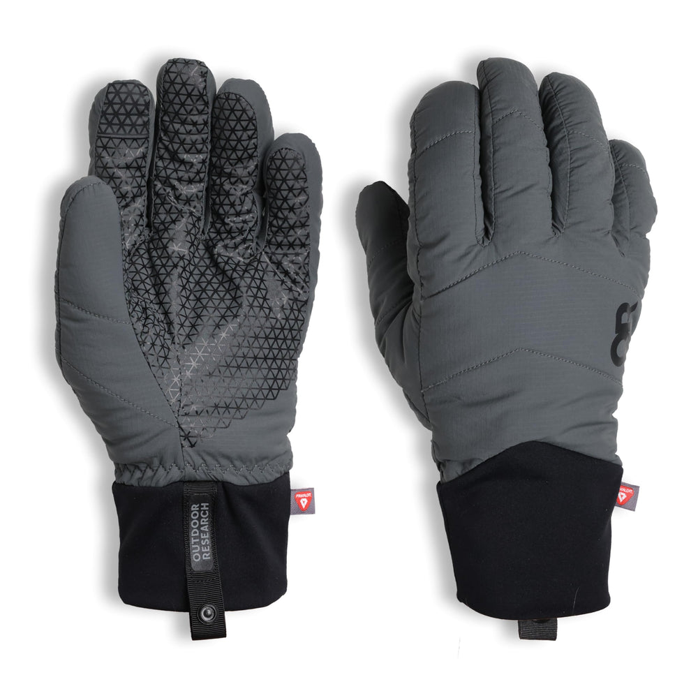 Outdoor Research Stowe Aerogel Gloves in charcoal with touchscreen compatibility and warm insulation.