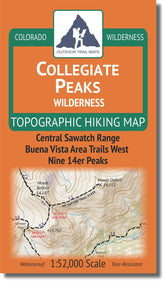 Outdoor Trail Maps Collegiate Peaks front cover shows a waterproof, pocket-friendly topo guide for trails.